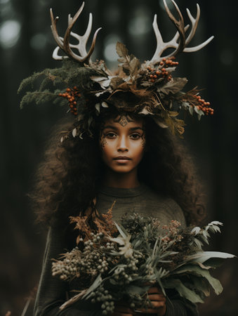 a woman with deer antlers on her head in the woodsの素材