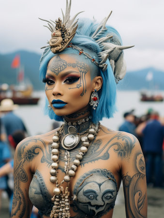 a woman with blue hair and tattoos on her bodyの素材