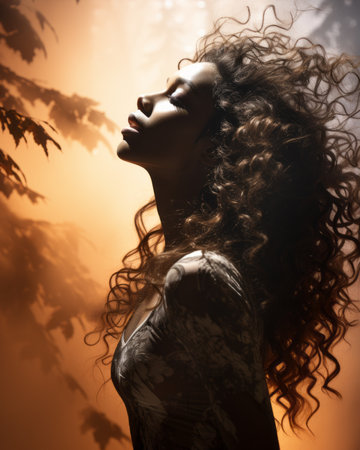a woman with curly hair in the woodsの素材