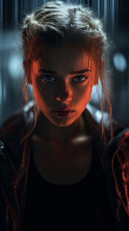 a woman with blue eyes and red hair in the rainの素材