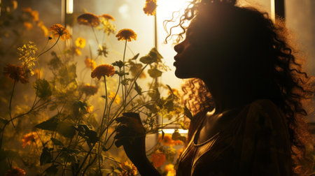 a woman with curly hair and flowers in front of a windowの素材
