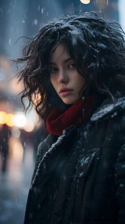 a woman with curly hair standing in the snowの素材