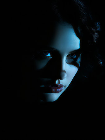 a woman with dark hair and blue eyes in the darkの素材
