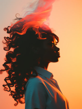 a woman with her hair blowing in the windの素材