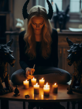 a woman with horns sitting in front of a table with candlesの素材