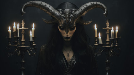 a woman with horns and candles in front of a black backgroundの素材