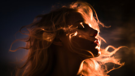 a woman with her hair blowing in the windの素材