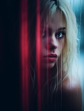 a woman with long blonde hair in the rainの素材