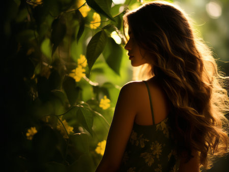 a woman with long hair standing in front of green plantsの素材