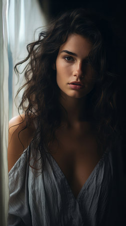 a woman with long curly hair standing in front of a windowの素材