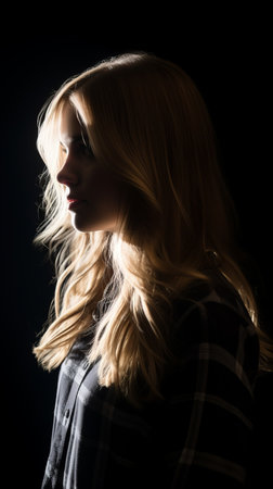 a woman with long blonde hair standing in front of a black backgroundの素材