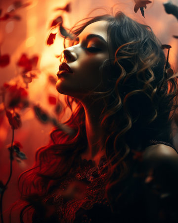 a woman with long hair and red leaves in the backgroundの素材