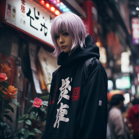 a woman with purple hair wearing a black hoodieの素材