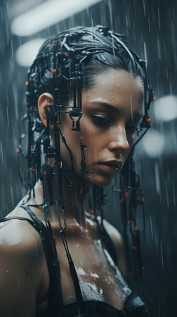 a woman with long hair in the rainの素材
