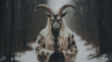 a woman with horns standing in the middle of a snowy forestの素材