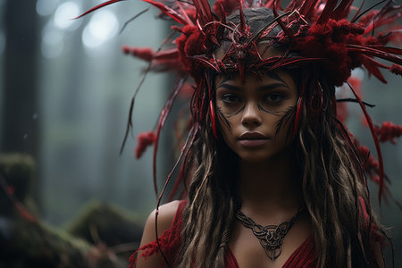 a woman with red feathers on her head in the woodsの素材