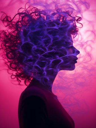 a woman with purple smoke coming out of her hairの素材