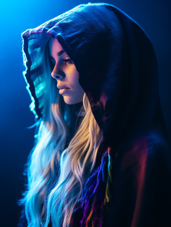 a woman with long hair and a black hoodieの素材