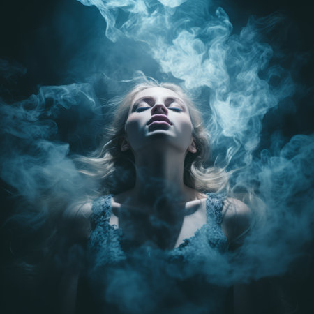 a woman with smoke coming out of her mouthの素材