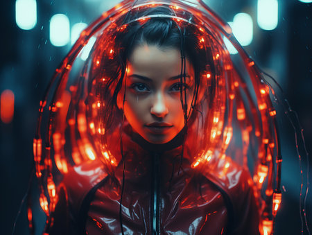 a woman with red lights on her headの素材