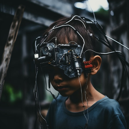a young boy with wires attached to his headの素材