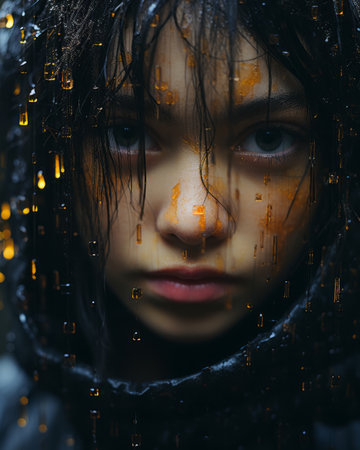 a young girl with wet hair and rain drops on her faceの素材