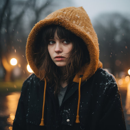 a young woman in a hooded jacket standing in the rainの素材