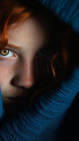 a young girl with red hair and freckles under a blue blanketの素材