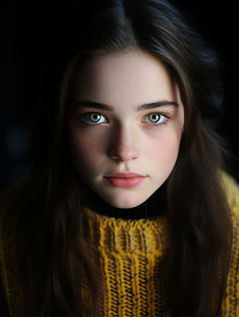 a young woman with blue eyes and a yellow sweaterの素材
