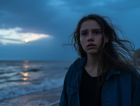 a young woman standing on the beach at duskの素材