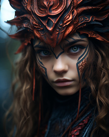 a young woman with red and black makeup on her faceの素材