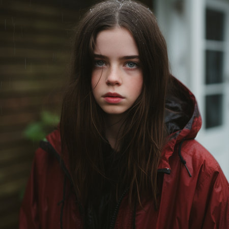 a young woman in a red jacket standing in the rainの素材