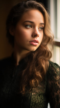 a young woman with long brown hair looking out the windowの素材