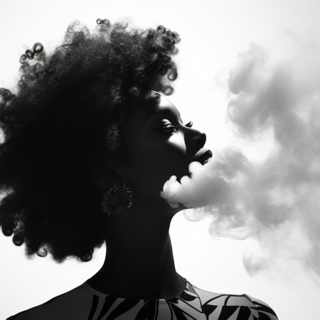 an african american woman with smoke coming out of her mouthの素材