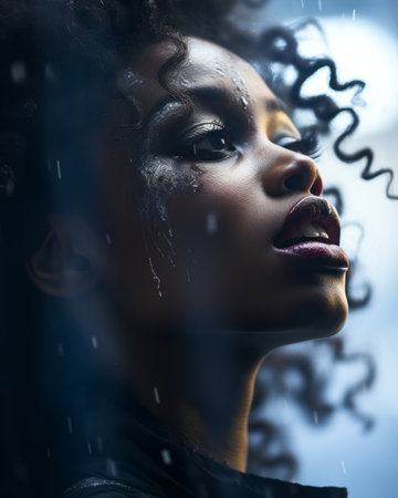 an african american woman with curly hair in the rainの素材