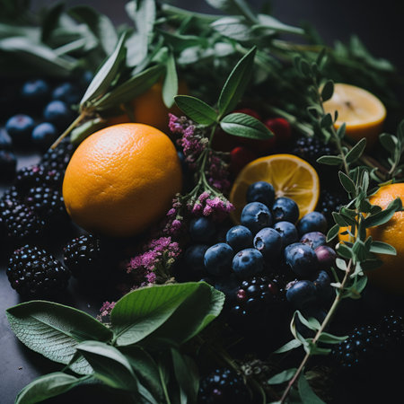 an assortment of fruits and herbs on a black tableの素材