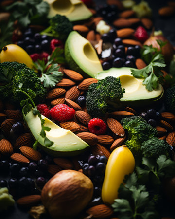 an assortment of fruits and vegetables on a tableの素材