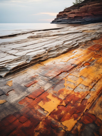 an image of a rocky shoreline with orange paint on itの素材