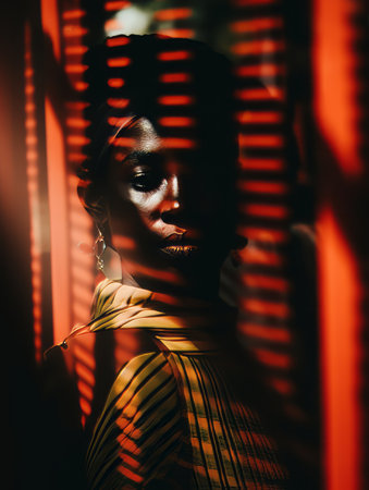 an african woman in a striped shirt is silhouetted against a red lightの素材
