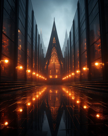 an image of a building at night with lights on itの素材