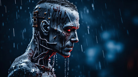 an image of a man in the rain with blood on his faceの素材