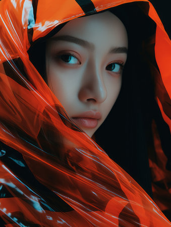 an asian woman wearing an orange and black wrapの素材