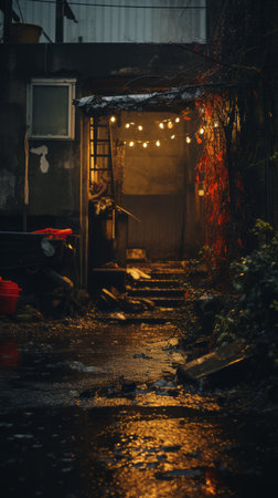 an alleyway at night with a red car in the middleの素材