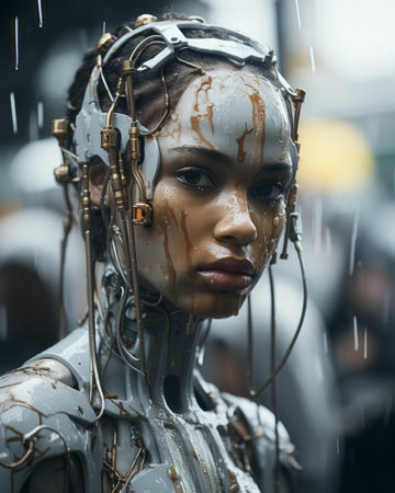 an image of a woman with a robot head in the rainの素材