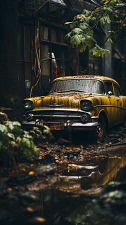 an old yellow car sits in a puddle of waterの素材