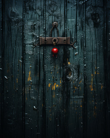 an old wooden door with a red lock on itの素材