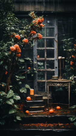 an outdoor garden with orange flowers and candlesの素材