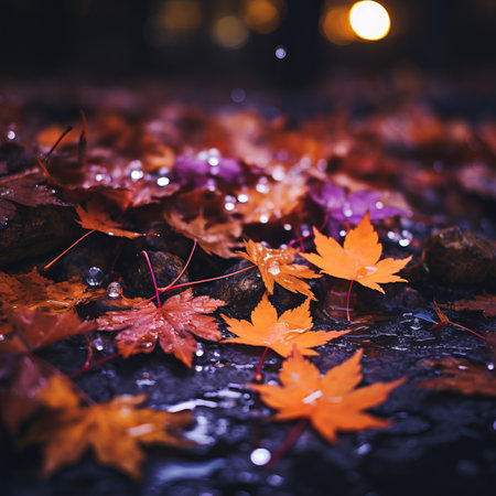 autumn leaves laying on the ground in the rainの素材