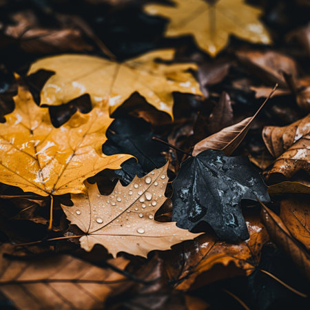 autumn leaves on the ground with water dropletsの素材