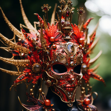 an ornate mask with red and gold decorationsの素材